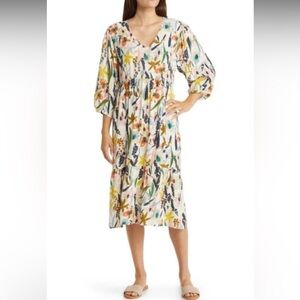 Masai Copenhagen‎ Nette Floral Balloon Sleeve Dress in Whitecap Midi Womens XXL